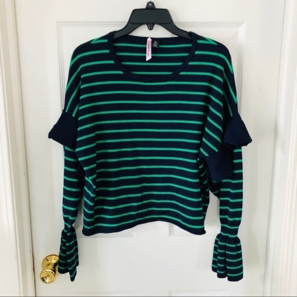 LOVE BY DESIGN Green & Navy striped ruffle sweater flare sleeve Size medium